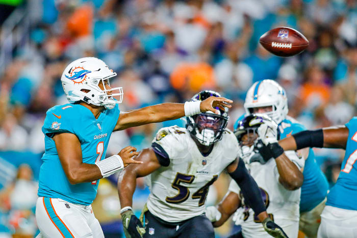 Tua Tagovailoa releases a pass against the Ravens during a 2021 game.